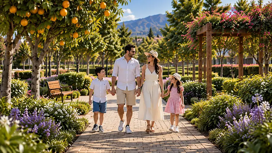 Familia paseando entre árboles frutales (imagen referencial)